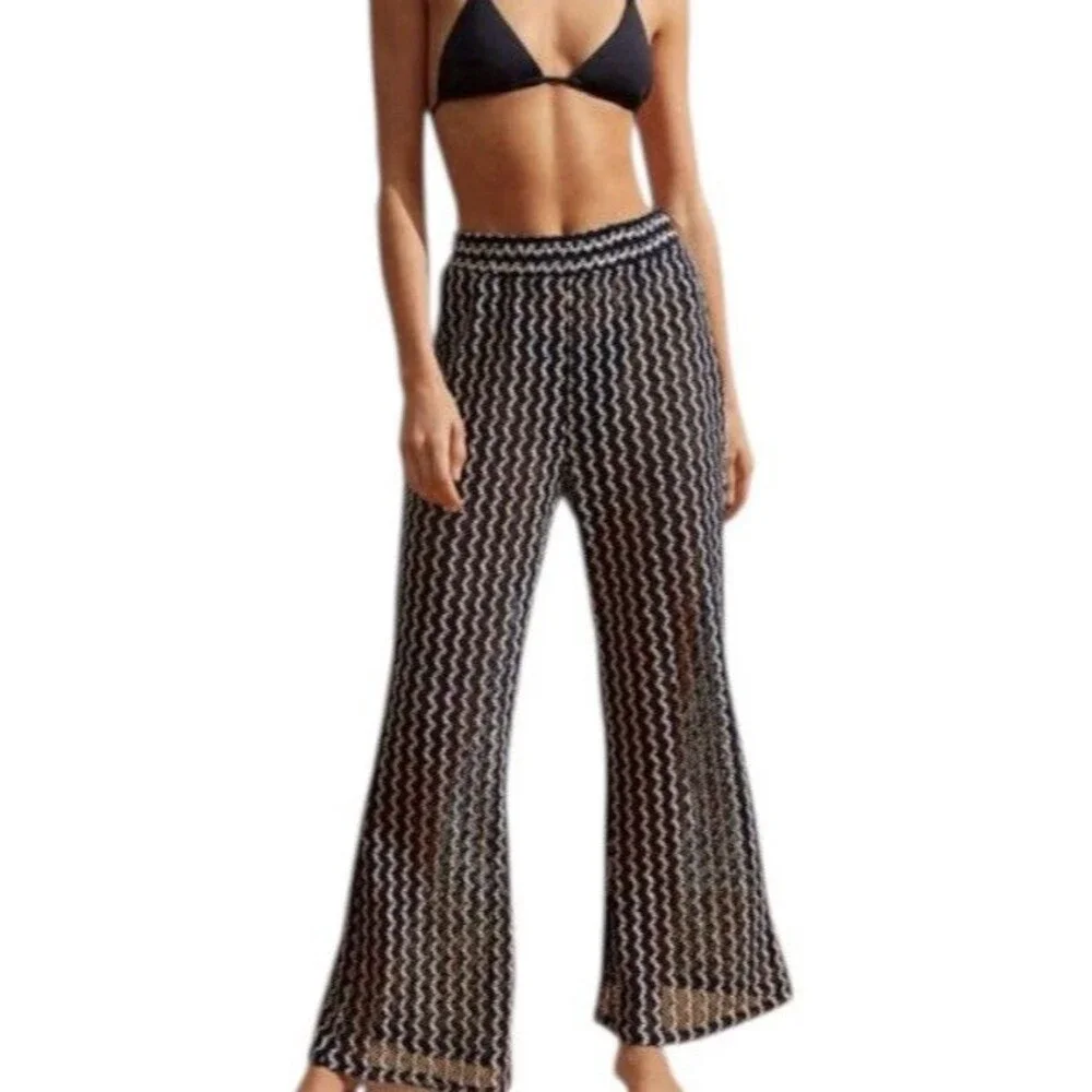 OYSHO Beach Pant XS Open Crochet Knit Navy Blue‎ Cream Stretch Sheer Flare Boho